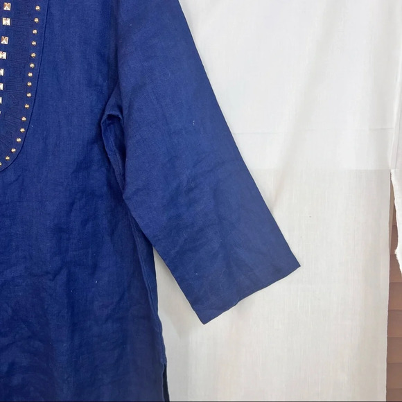 JM Collection Tunic Blouse Womens Sz 16 Embroidered Beaded Navy Blue 100% Linen - Picture 5 of 12